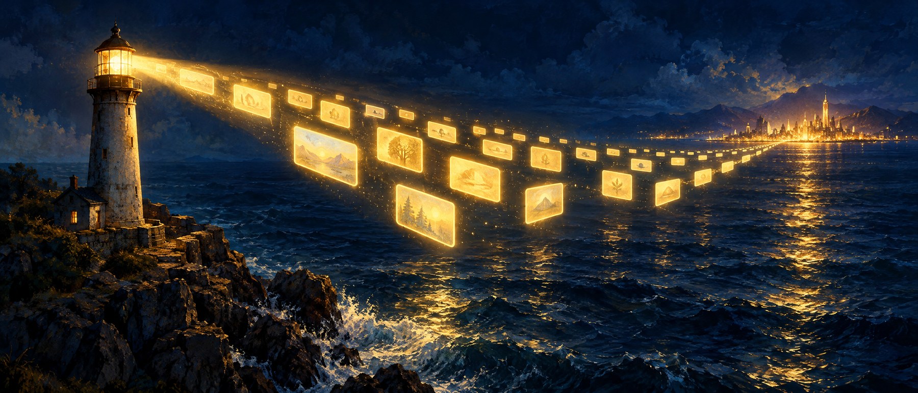 A lighthouse beam turning into glowing answer cards over a night sea