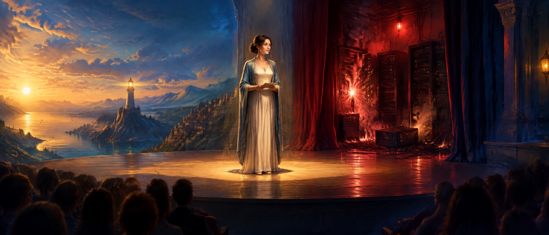 A calm presenter on a lit stage while sparks fly backstage