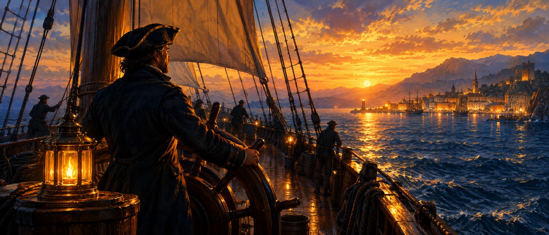 A captain at the helm of a ship steering by lantern light toward a glowing harbor
