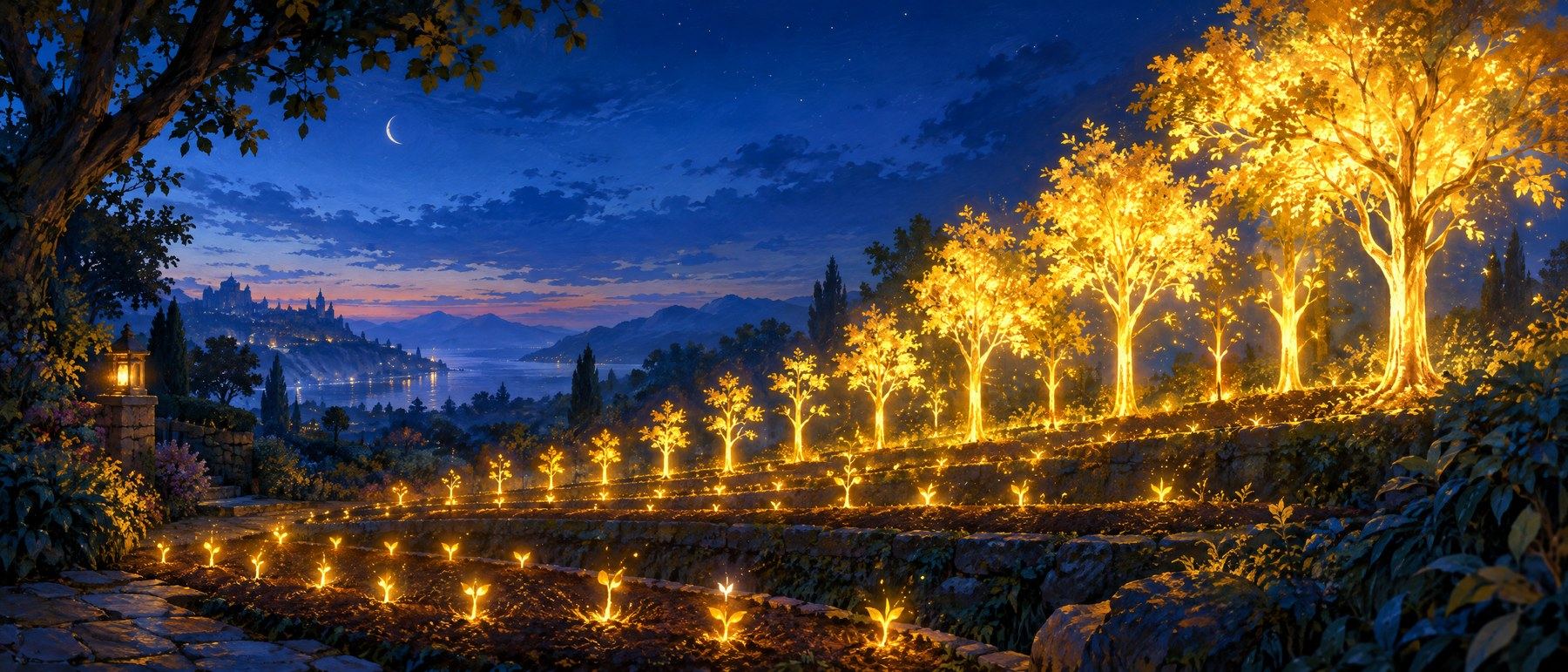 Small glowing seedlings growing into tall trees in a night garden