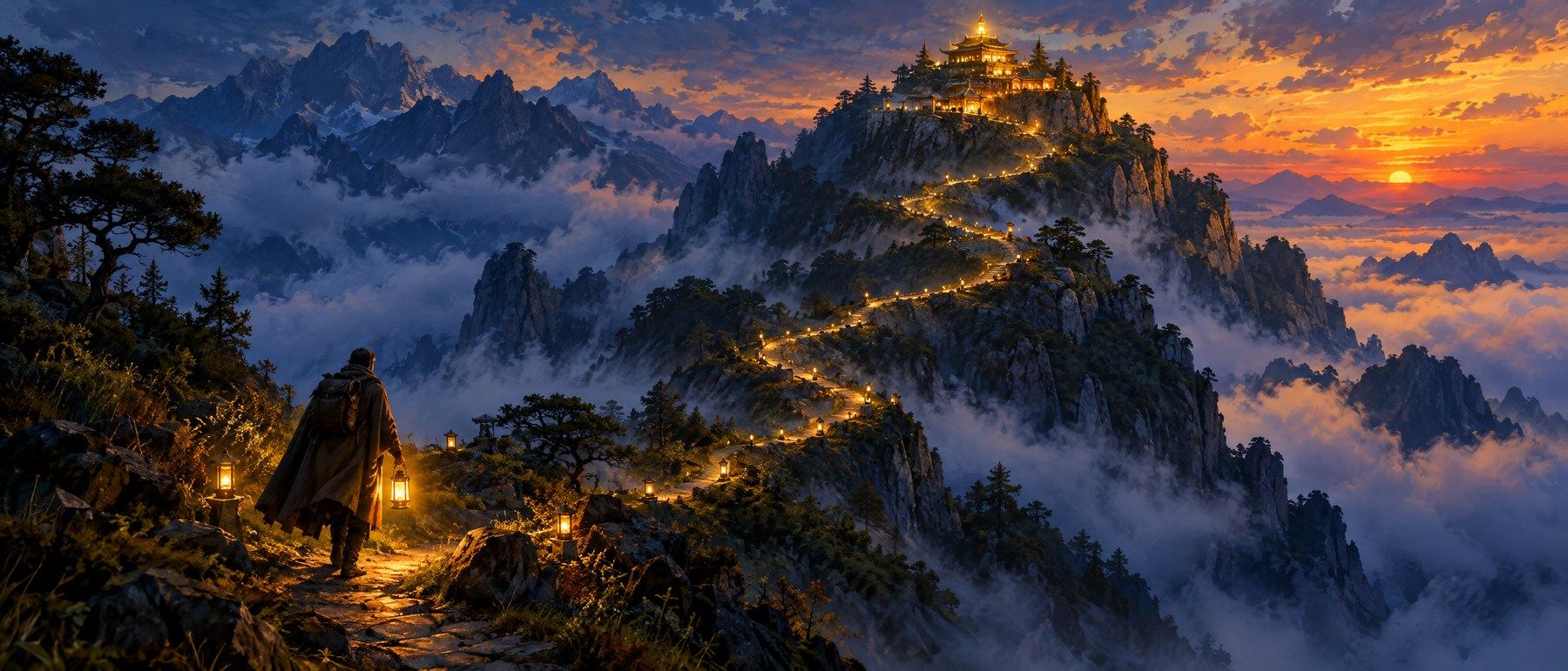 A glowing path climbing a mountain toward a lit summit on a map