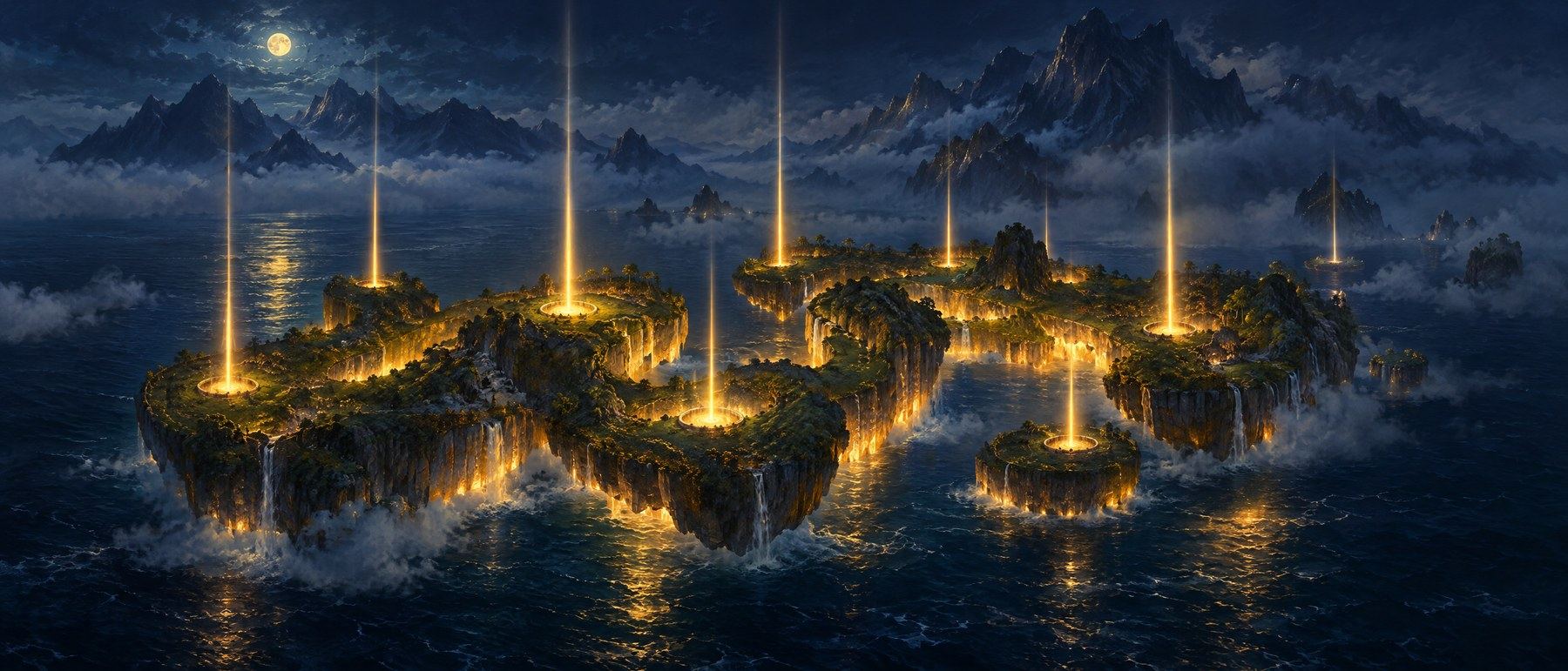 A glowing 3D island with beacons floating over a dark sea at night
